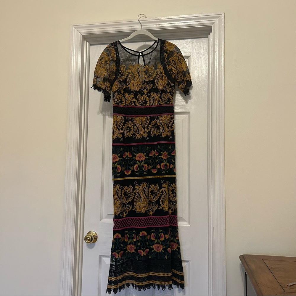 Anthropologie Black & Mustard Floral Lace Midi Dress with Pink Accents - Picture 2 of 10